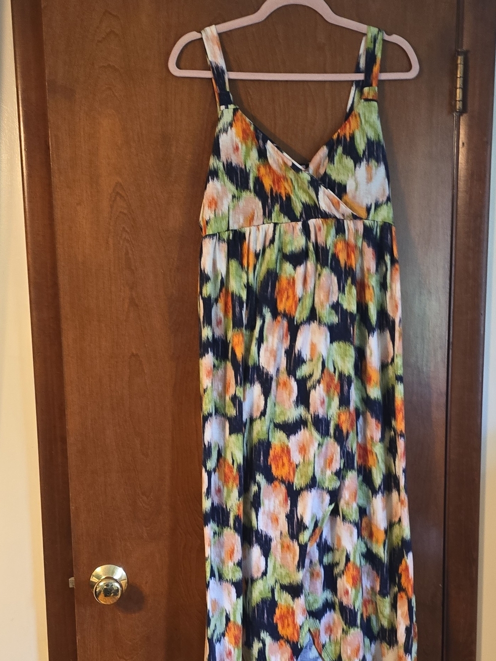 Floral Print V-Neck Maxi Dress in Navy and Orange